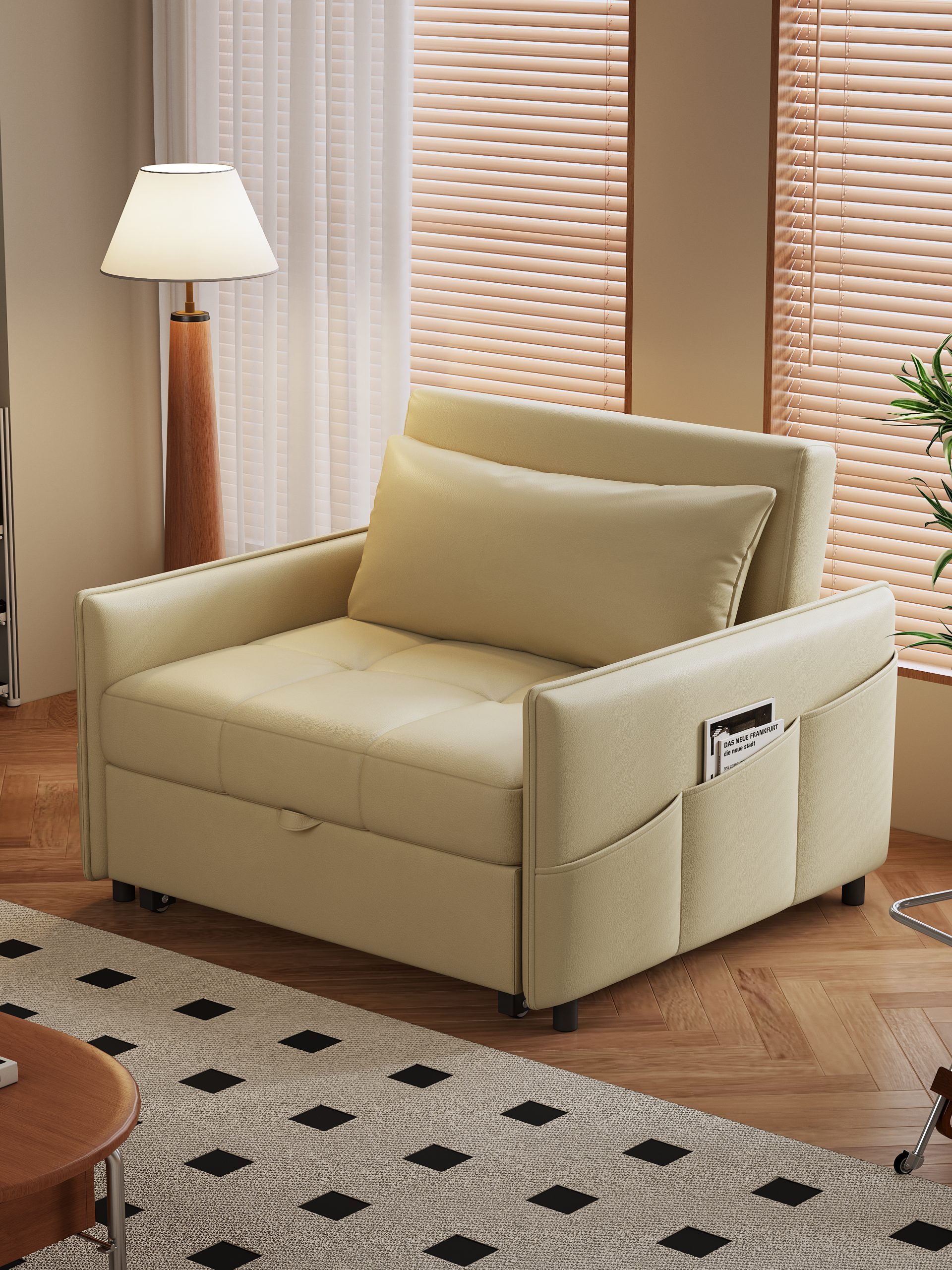 Brown leather sofa bed with tufted seat and side pockets, placed on a black-and-white rug beside a floor lamp in a modern room. Ideal space-saving solution for apartments and small living areas.