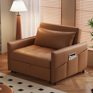 Modern Brown Leather Sofa Bed with Storage Pockets and Tufted Design - Versatile 2-in-1 Furniture for Living Rooms