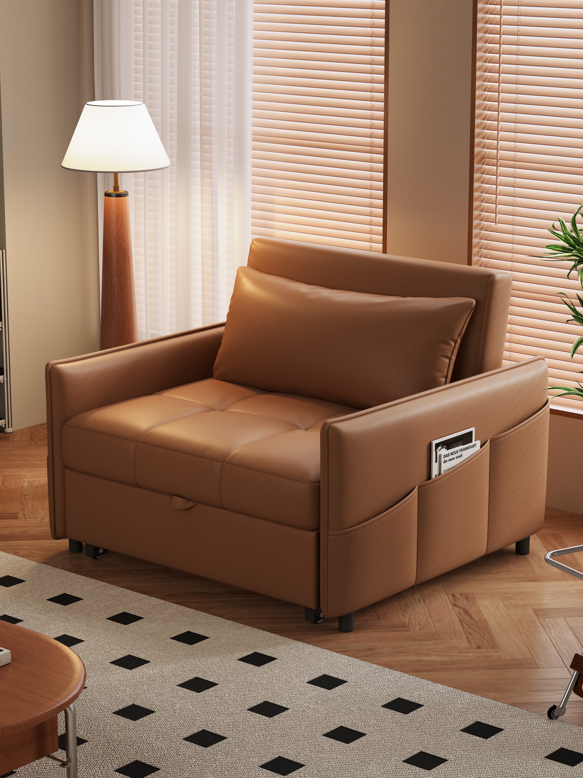 Modern Brown Leather Sofa Bed with Storage Pockets and Tufted Design - Versatile 2-in-1 Furniture for Living Rooms