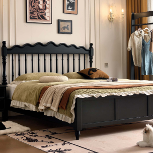 Custom Black Wooden Frame Bed – Bulk Customizable for Boutique Guesthouse & Commercial Spaces