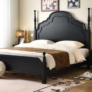 Custom Black Retro Curved Wooden Headboard Bed – Bulk Customizable for Boutique Hotel Projects