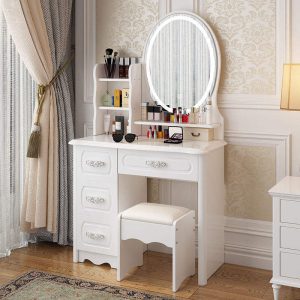 Simple Dressing Table - Classic White Wooden Vanity Set with Storage Drawers & Mirror