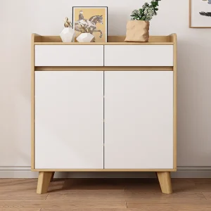 Nordic style 2-door shoe cabinet in oak and white finish, minimalist entryway storage organizer for modern apartments and small space projects.