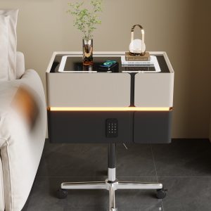 Small Side Table- Height-Adjustable Mobile Side Table with LED Light & Storage (for Living Room/Bedroom)