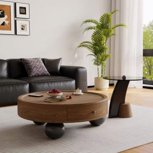 Coffee Table/Small Side Table - Wooden Top Round Coffee Table with Drawer & Spherical Base (φ80/90cm, H45cm)