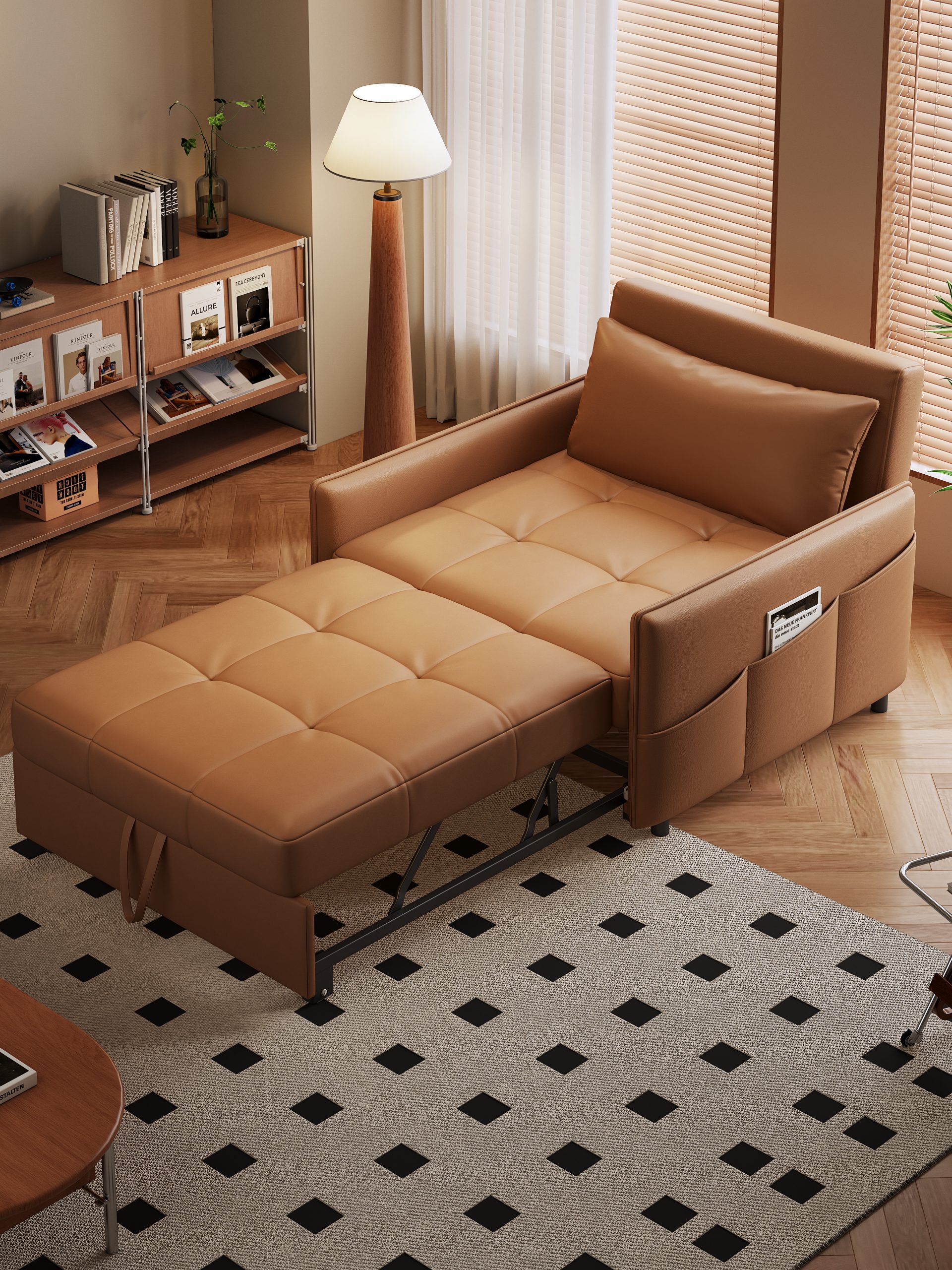 A modern brown leather sofa bed with built-in storage pockets, placed on a black-and-white rug in a cozy room with a floor lamp and natural light from the window.