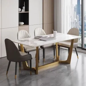 Dining Table- Luxury Marble-Look Sintered Stone Dining Set with Golden Metal Legs (1.4/1.6/1.8m)