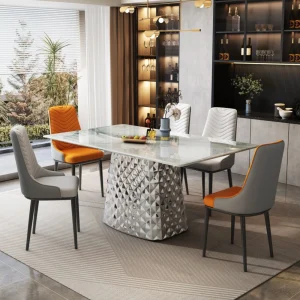 Dining Table - Contemporary Sintered Stone Dining Set with Textured Base & Padded Chairs (1.4/1.6/1.8m)