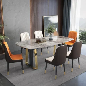 Dining Table - Modern Rock Slab Dining Set with Gold Accent Metal Legs (1.4/1.6/1.8m)